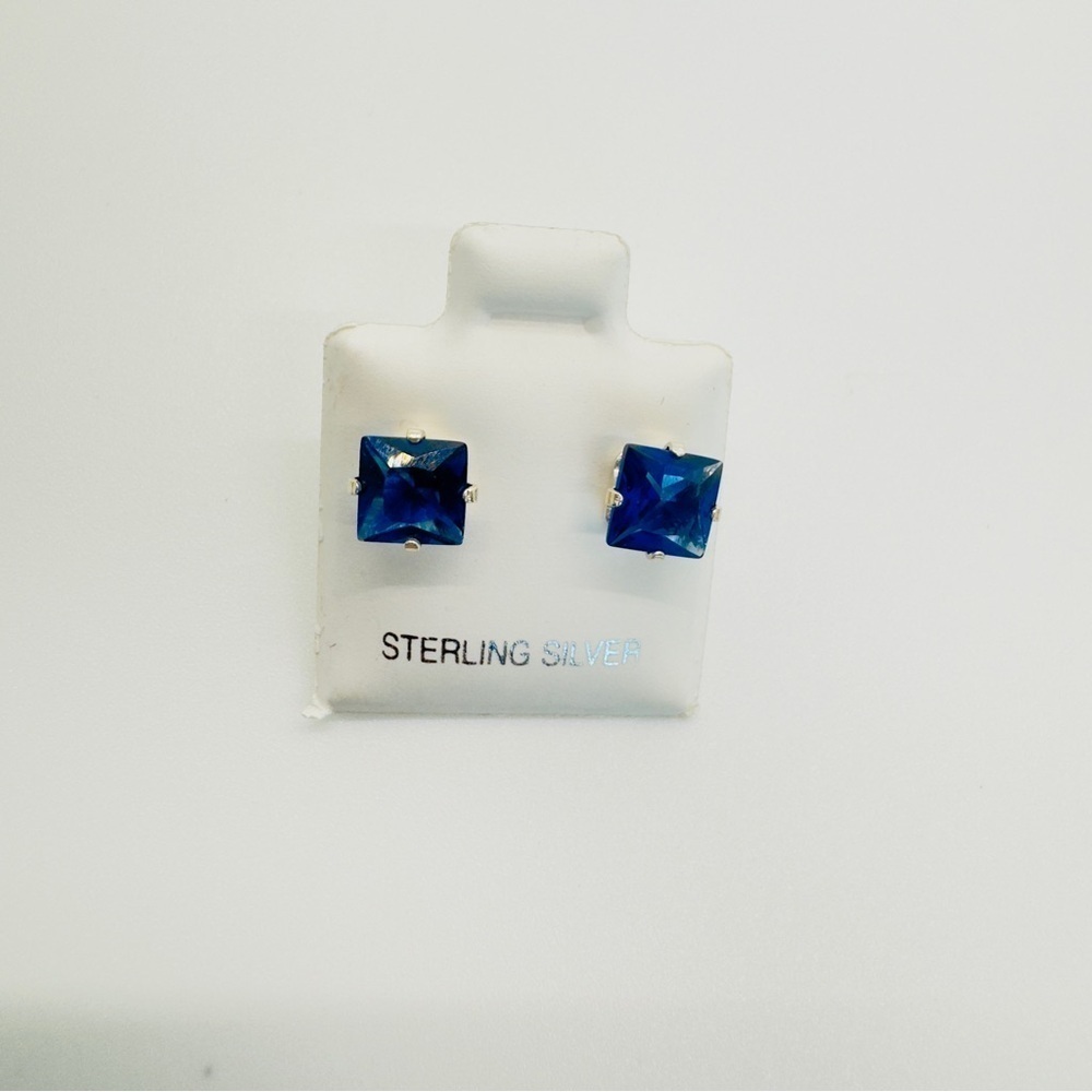 Brand New 6mm Square Deep Blue CZ 925 Sterling Silver Earrings